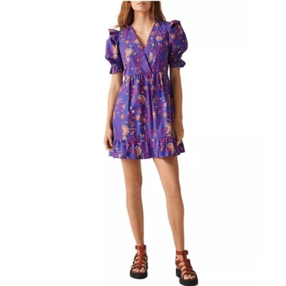 ba&sh Popy Floral Mini Dress Blue Pink Puff Sleeve Cotton V-Neck Size 0 XS 2